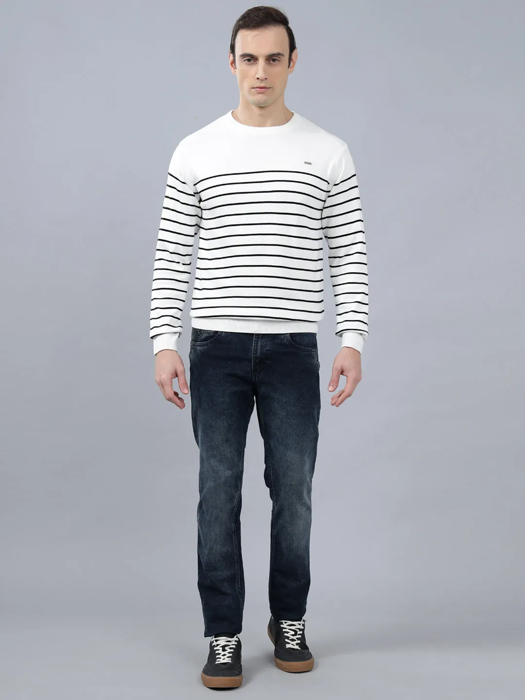 Men's Ivory Striped Full Sleeve Sweater