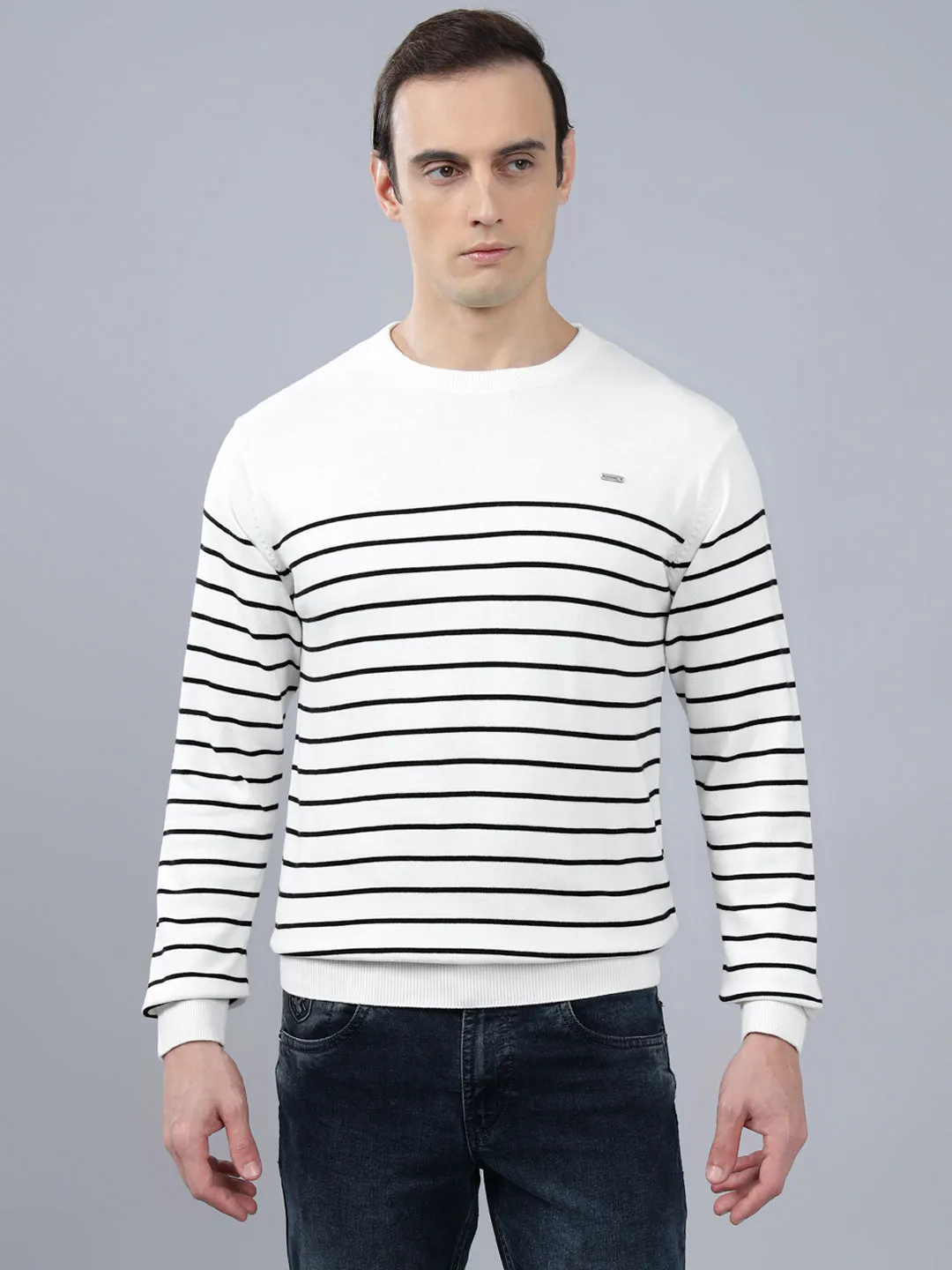 Men's Ivory Striped Full Sleeve Sweater