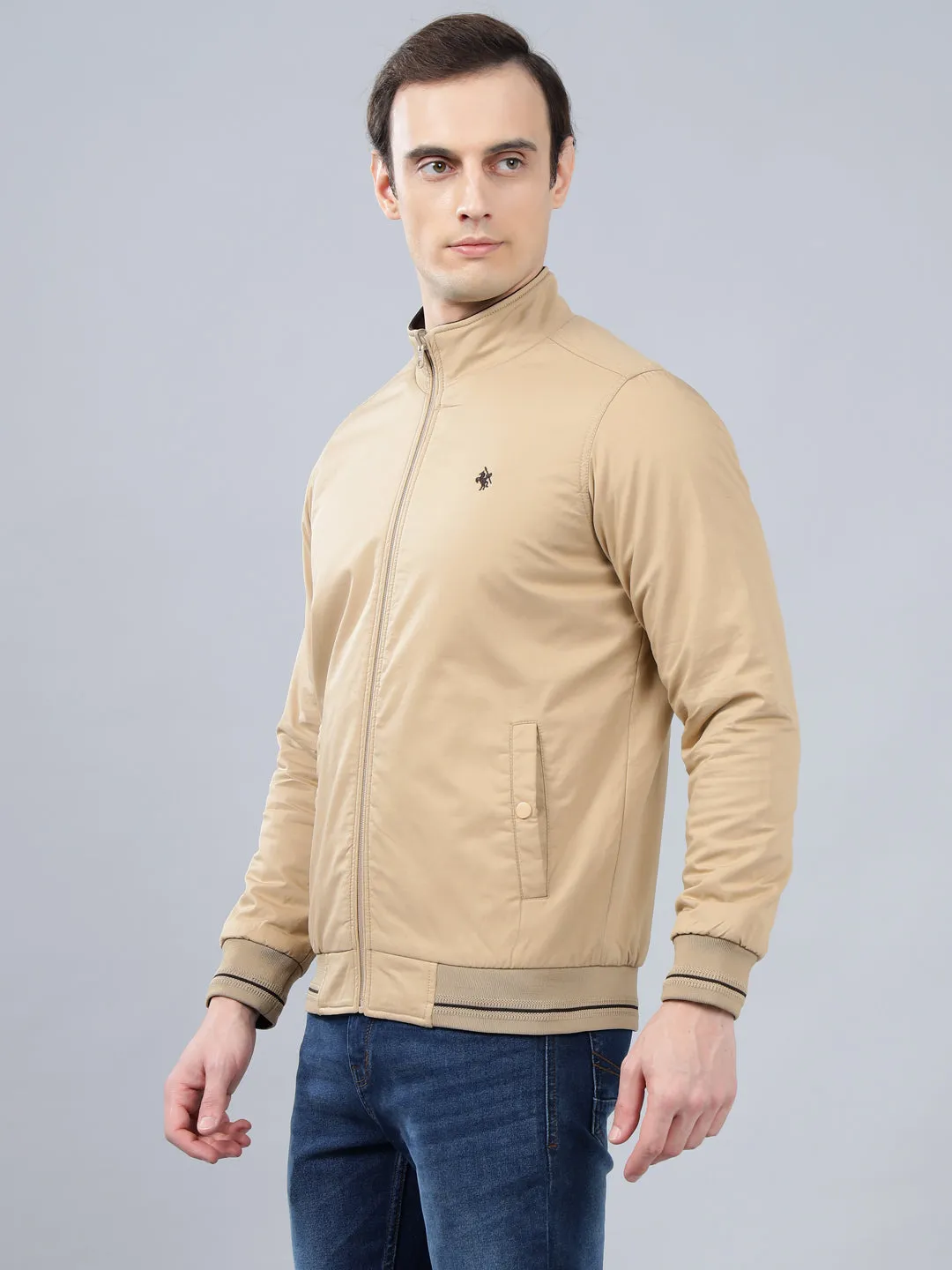 Men's Khaki Solid Mock Neck Reversible Winter Jacket