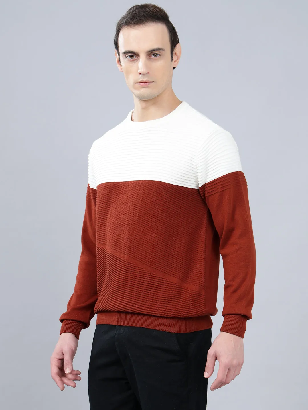 Men's Rust Self Design Full Sleeve Sweater