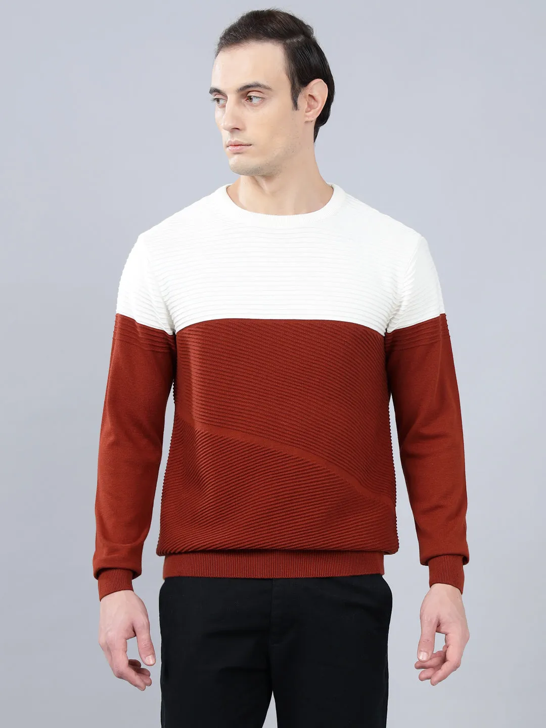 Men's Rust Self Design Full Sleeve Sweater