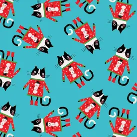 Meowy Christmas Cat in a Sweater Toss - Turquoise