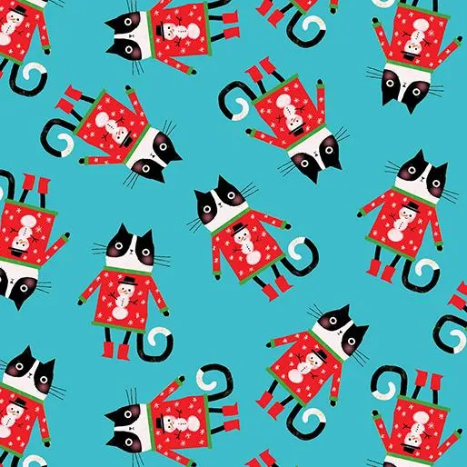 Meowy Christmas Cat in a Sweater Toss - Turquoise