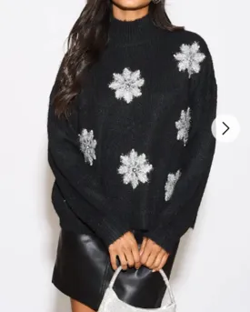 Metallic and Peals embellished snowflake pattern Soft knit Jumper in Black