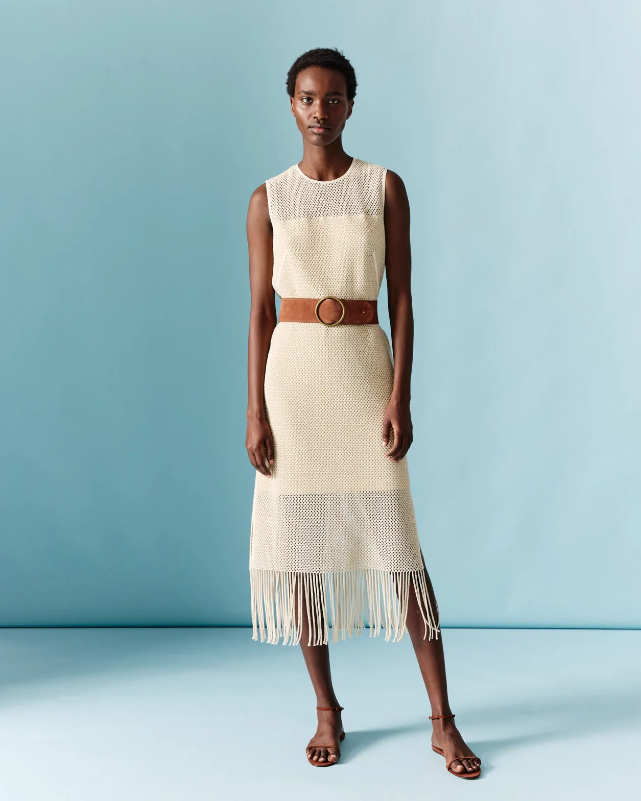 Midi Dress in Cotton Mesh with Fringes