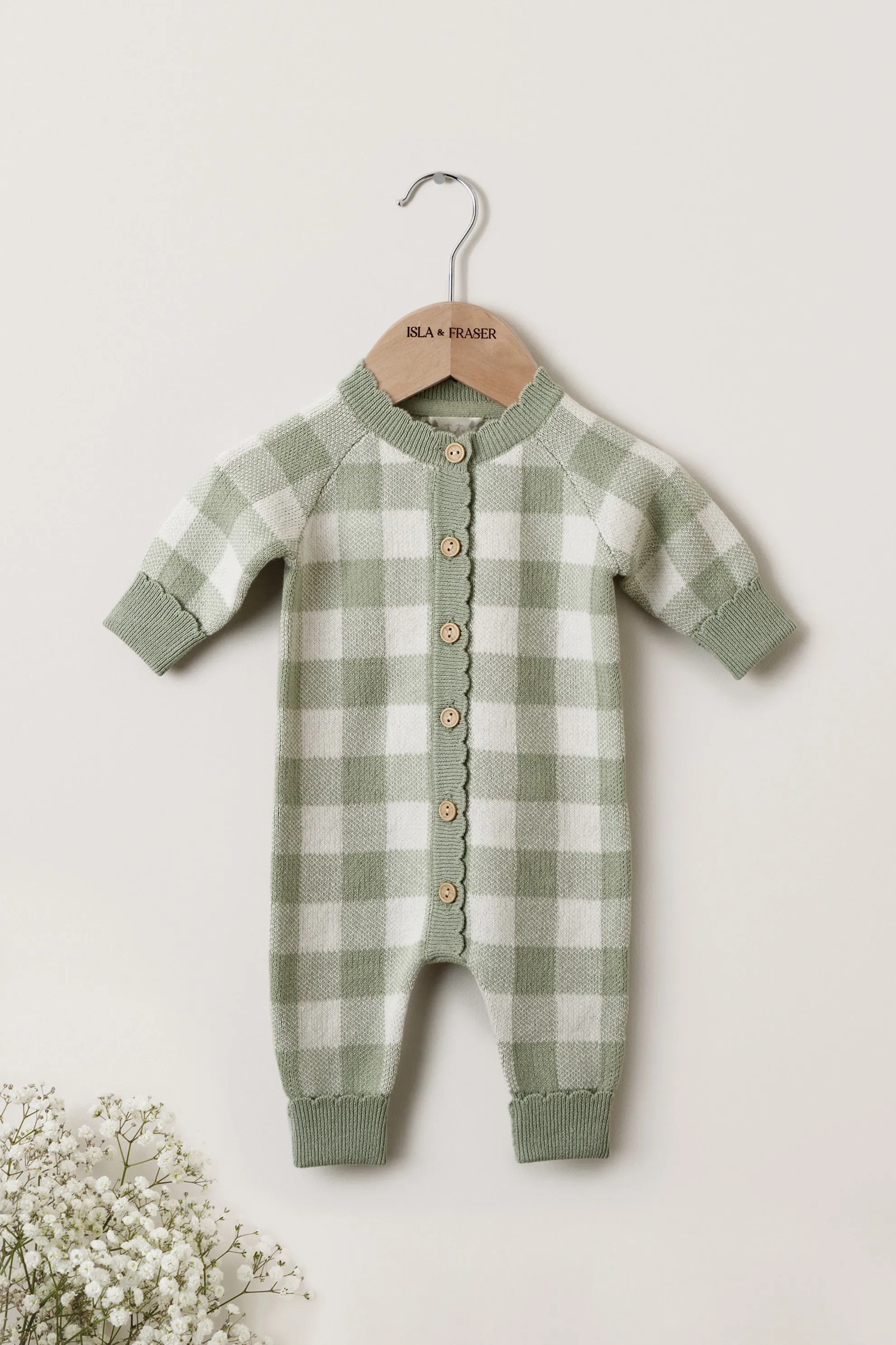 Organic Cotton Gingham Baby Romper - Sage/Cream