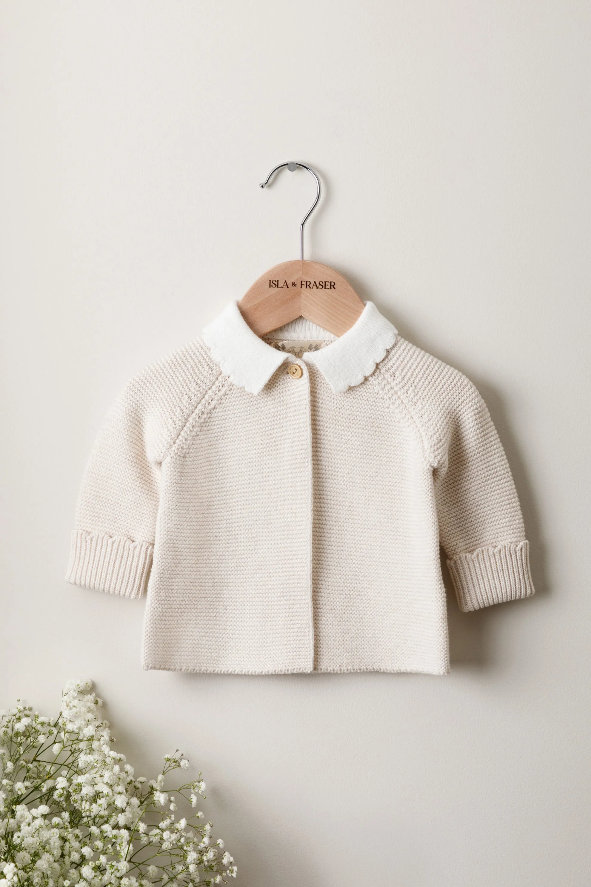 Organic Cotton Scallop Collar Baby Cardigan - Oat