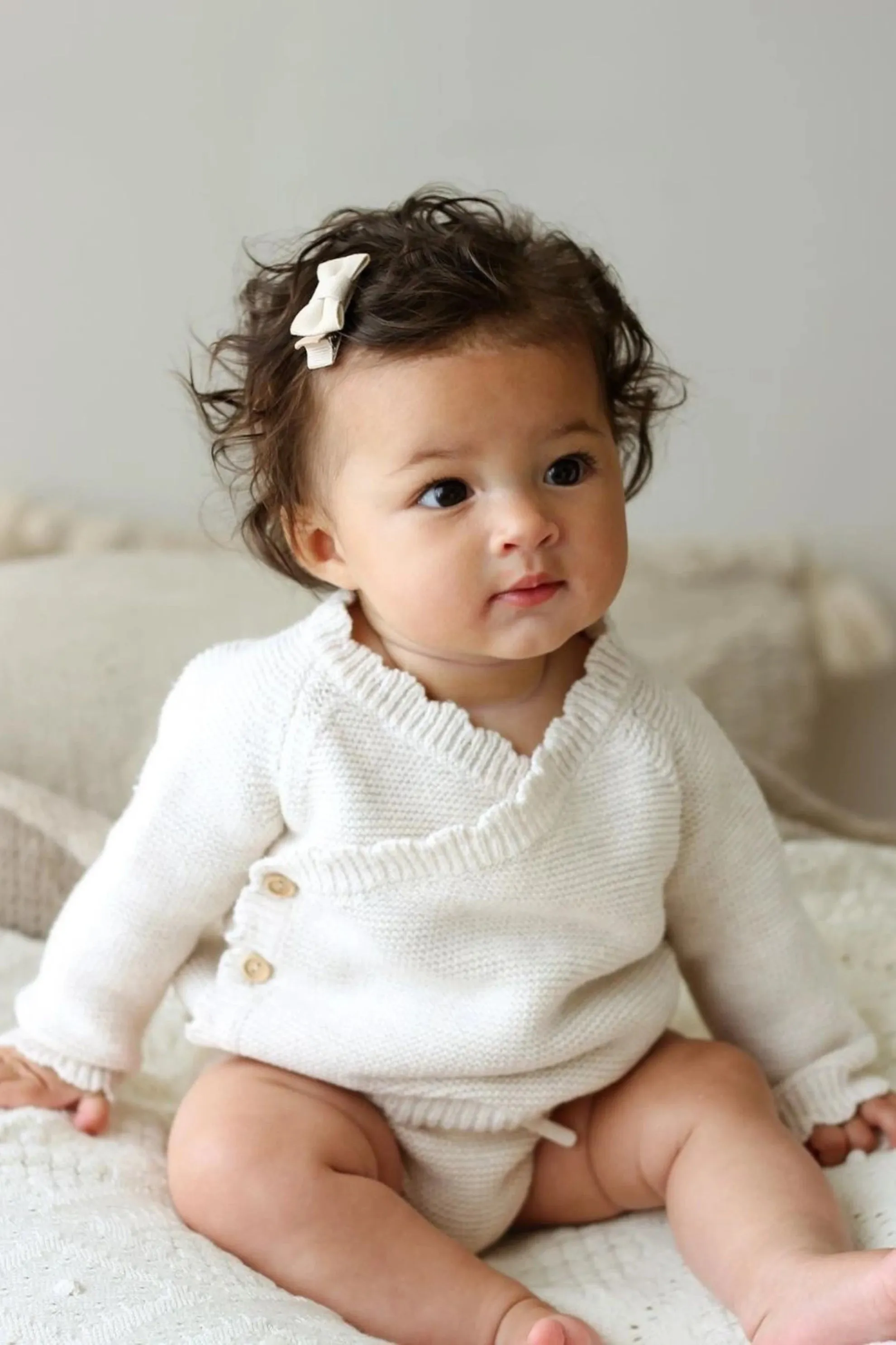 Organic Cotton Scallop Wrap Baby Cardigan - Oat