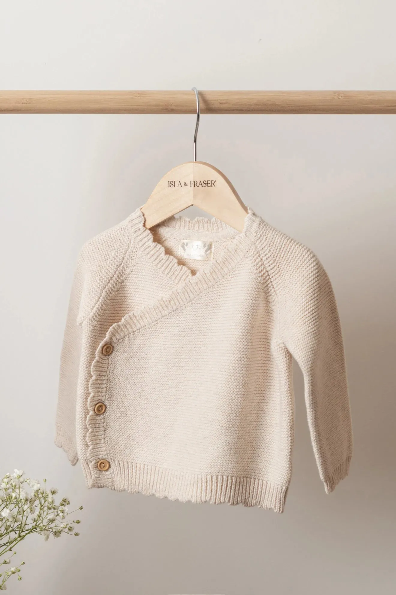 Organic Cotton Scallop Wrap Baby Cardigan - Oat