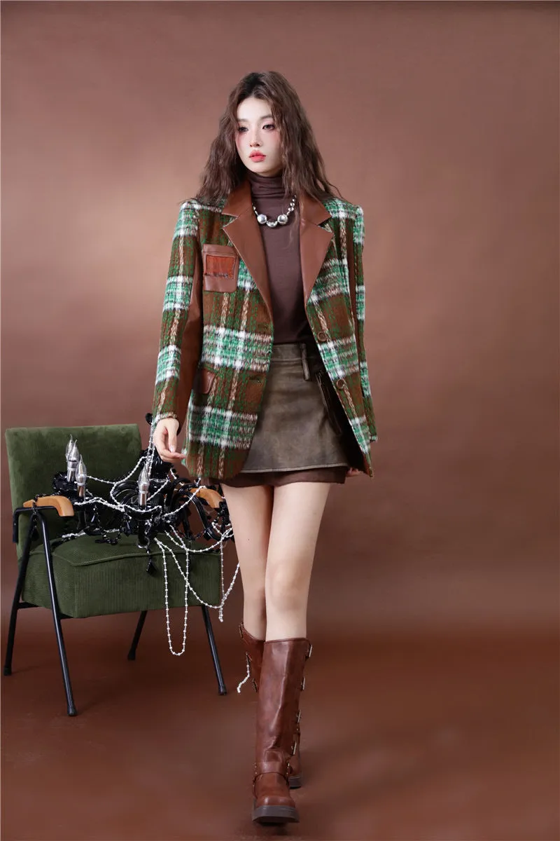 Plaid Patchwork Single-Breasted Parka Coat