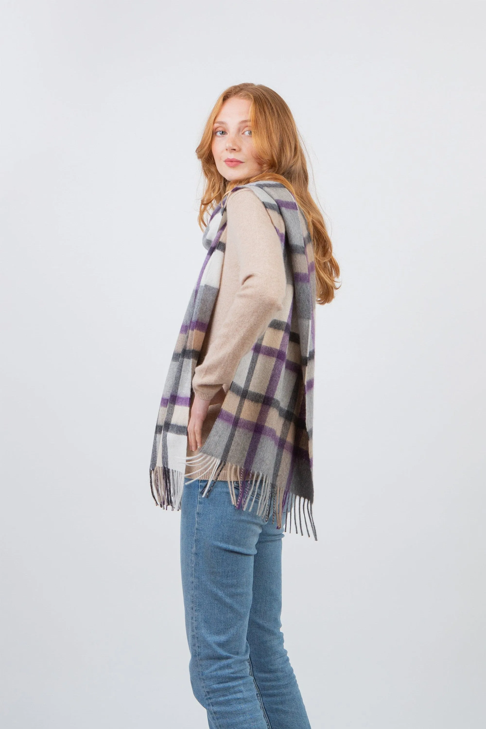 Princeton Check Cashmere Wide Scarf - Lavender