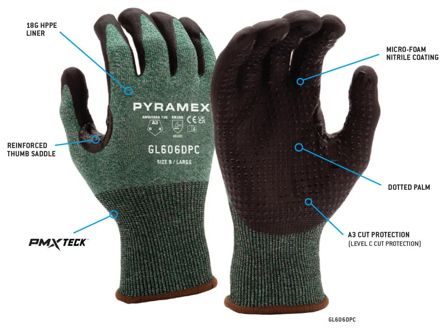 Pyramex 18 Gauge Micro-Foam Nitrile Dotted A3 Cut Thumb Saddle Gloves - Vend Pack - S