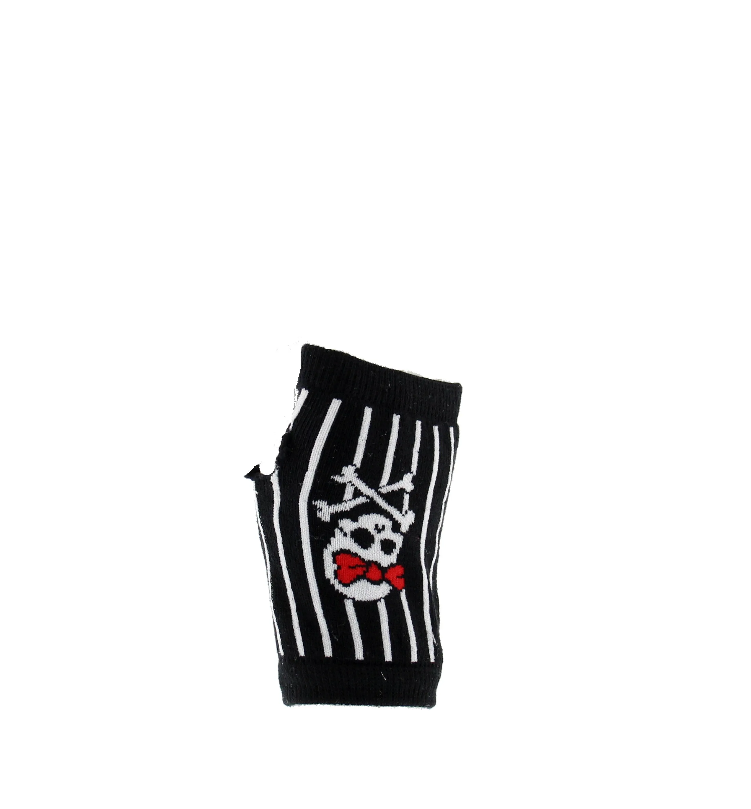 Short Fingerless Striped Gloves with Skull &amp; Crossbones with Red Bow