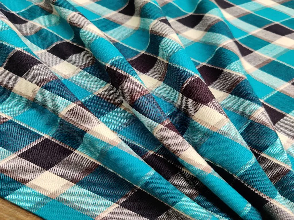 Teal Blue White Checks Cots Wool Fabric