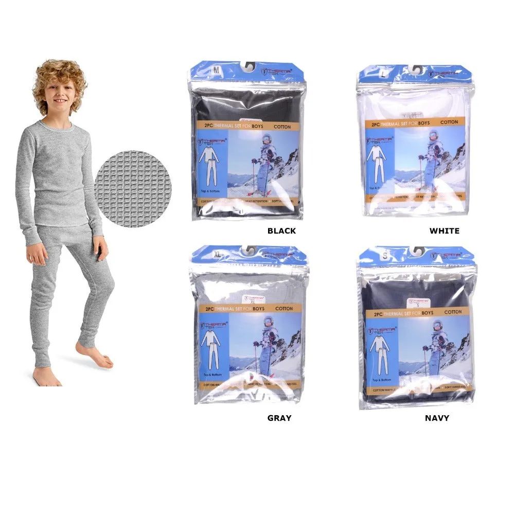 Therma Tek Boys Thermal Underwear Cotton Waffle Long Johns 2pc Top & Bottom Set