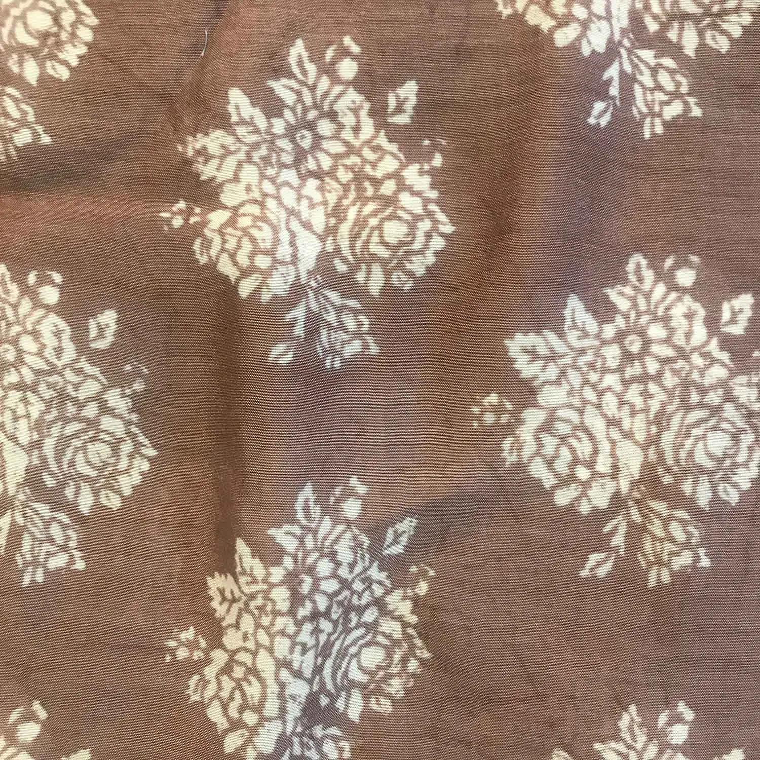 White Floral Brown Muslin Silk Fabric