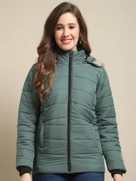 Women's Casual  Green Quilted Detachable Hood with Faux Fur trim Jacket