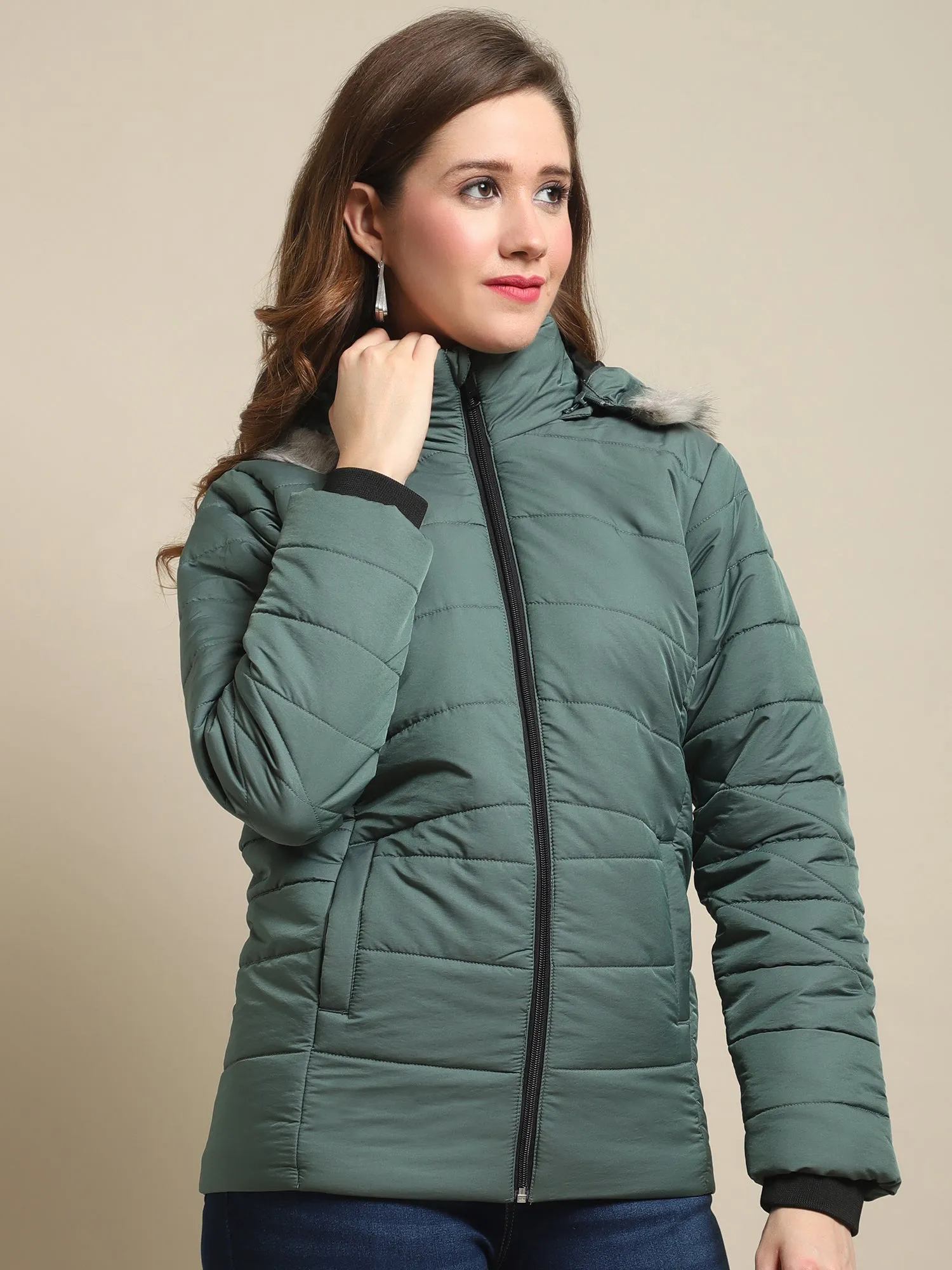 Women's Casual  Green Quilted Detachable Hood with Faux Fur trim Jacket