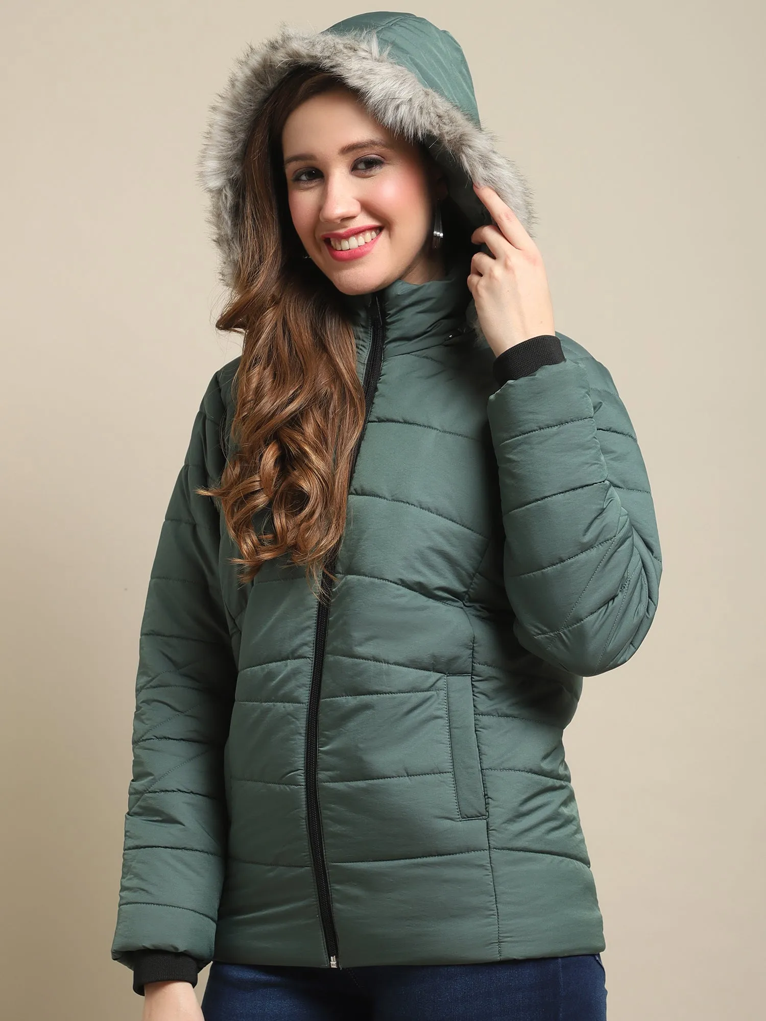 Women's Casual  Green Quilted Detachable Hood with Faux Fur trim Jacket