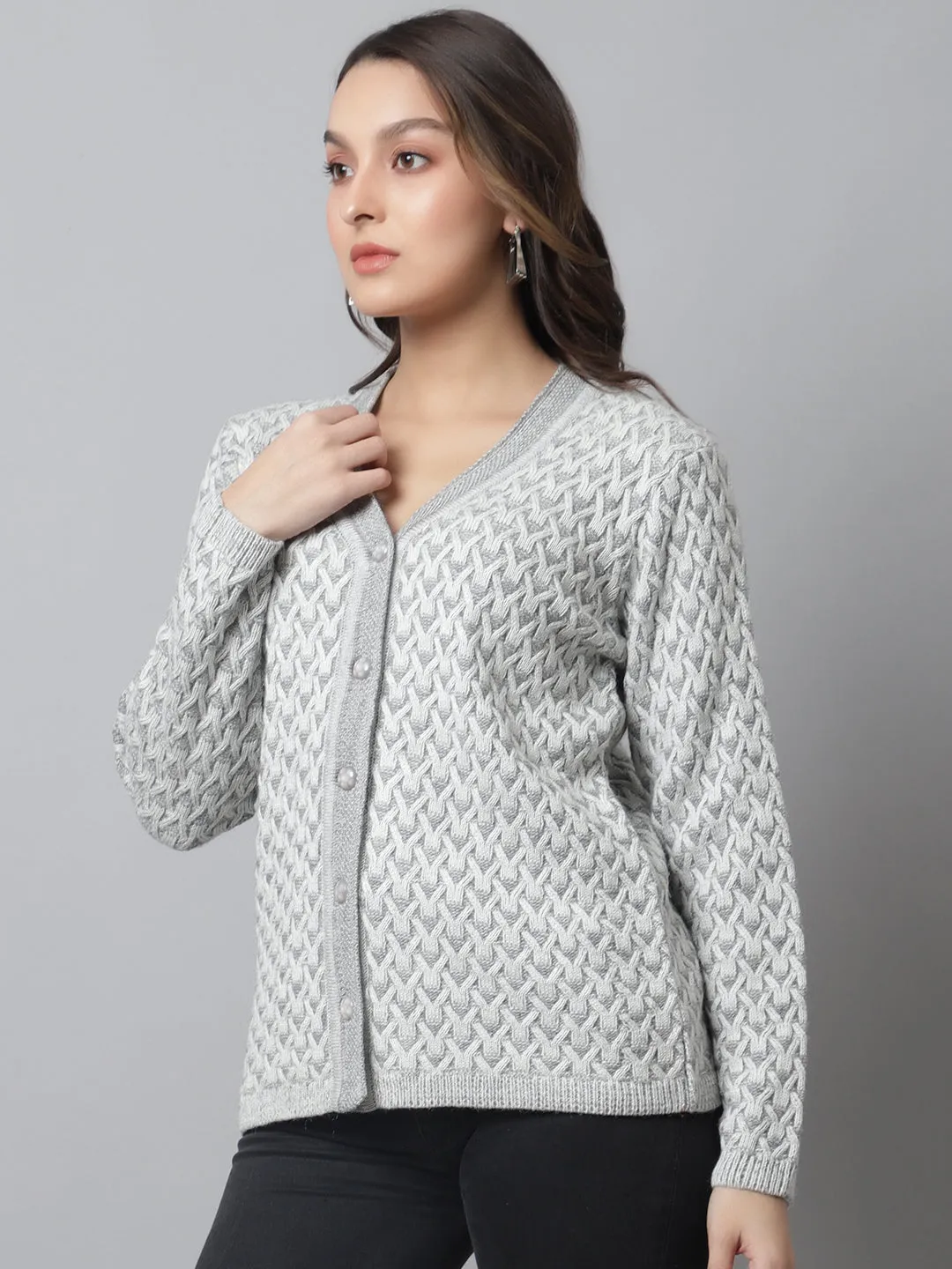 Women's Casual  Grey V neck Cardigan Sweater